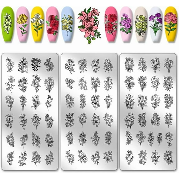 3pcs Flower Nail Stamp Plate Small Bouquet Nail Art Templates Stainless Steel Nail Image Plates Flower Nail Stamp Plates Set for Women DIY Printing Nail Salon Design 4.7x2.3 inch
