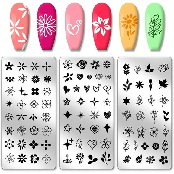 3pcs Flower Nail Stamper Leaves Heart Nail Stamping Plate Star Nail Art Stencils Print Nail Stencils Stainless Steel Nail Image Plates for Nail Art Design Print Manicure Salon