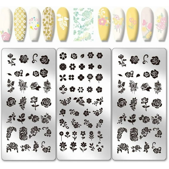 3pcs Flower Nail Stamping Plates Rose Nails Art Stencils Leaf Plants Nails Image Plates Daisy Naisl Design Stamp Plate Heart Star Nail Art Templates