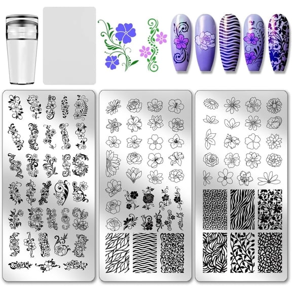 3pcs Flower Nail Stamping Plates Swirling Patterns Nails Art Stencils Plants Manicure Templates Rose Floral Nails Art Design