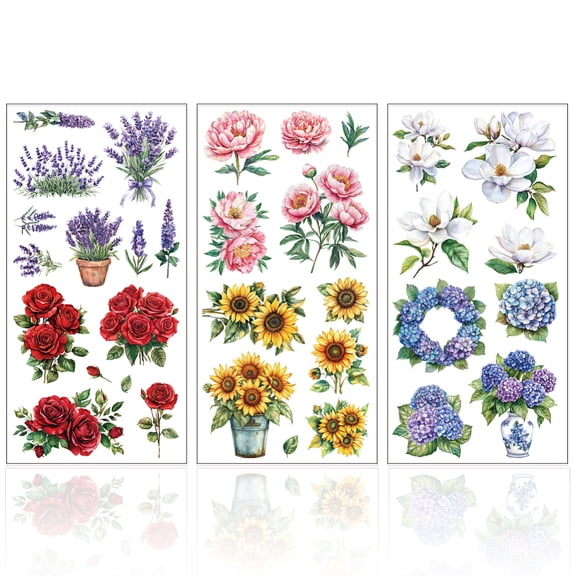 3pcs Flower Pots and Bouquets Furniture Transfer 6x12inch Daffodils and Butterflies Rub on Transfer Self-Adhesive Wall Art Decals for Bedroom Living Room Desk Table Decoration