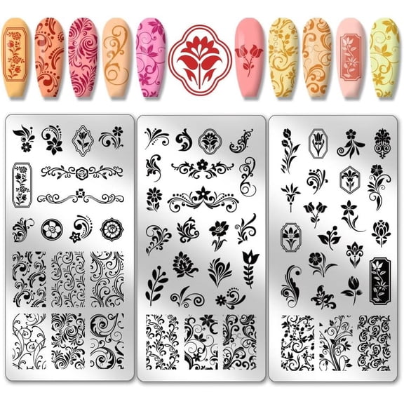 3pcs Flower Texture Nail Art Stamping Plate 61 Pattern Floral Leaf Nail Stamper Art Decor Nail Stamping Plate Print Nail Stencils Stainless Steel Nail Image Plates for Nail Art Design for diy