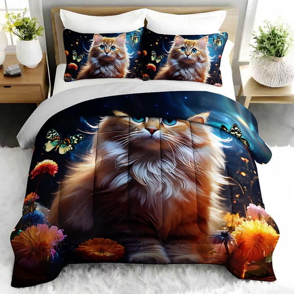 3pcs Fluffy Cat Comforter Set, Fantasy Cat Bedding Set for Bedroom or Guest Room Decor, All Seasons Quilt Machine Washable Duvet with 2 Pillowcases