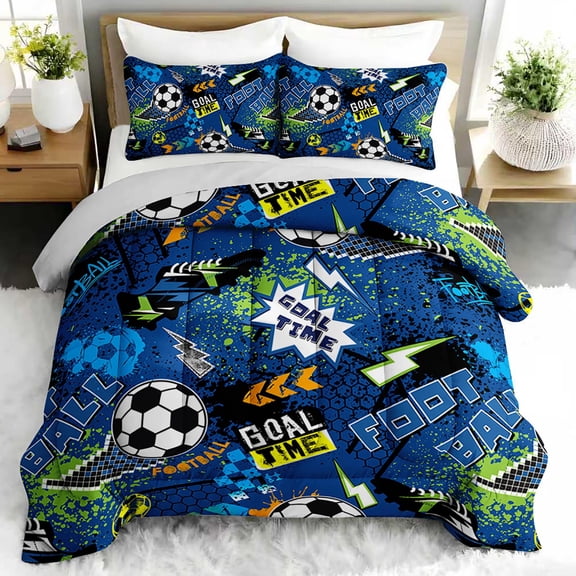 3pcs Football Goal Time Comforter Set, Soccer Boys Bedding Set for Bedroom or Guest Room Decor, All Seasons Quilt Machine Washable Duvet with 2 Pillowcases