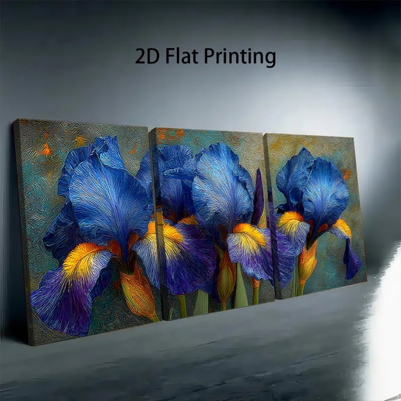 3pcs with Frame 2D Flat Canvas Painting Vincent van Gogh Blue Irises Canvas Wall Art, Gallery, Vibrant Floral Painting for Living Room, Bedroom, Bathroom Decor, Holiday Birthday Gift, Canvas Wall Ar