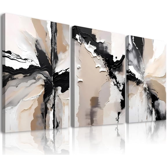 3pcs Framed Black Beige Netural Wall Art,Modern Geometric Abstract Wall Decor Living Room,Beige Black Abstract Marble Canvas Wall Art Posters Prints for Bathroom Bedroom Home Decoration,12x16inch