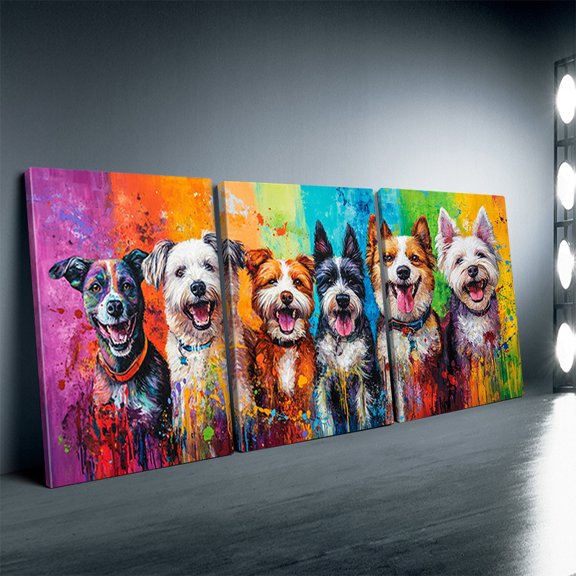 3pcs Framed Canvas Wall Art - Dog Family Theme, Contemporary Style with Vibrant Colors & Expressive Brushstrokes, Recycled Wood Frame & Wrapped Canvas, High-Gloss Finish for Living Room, Home, Office