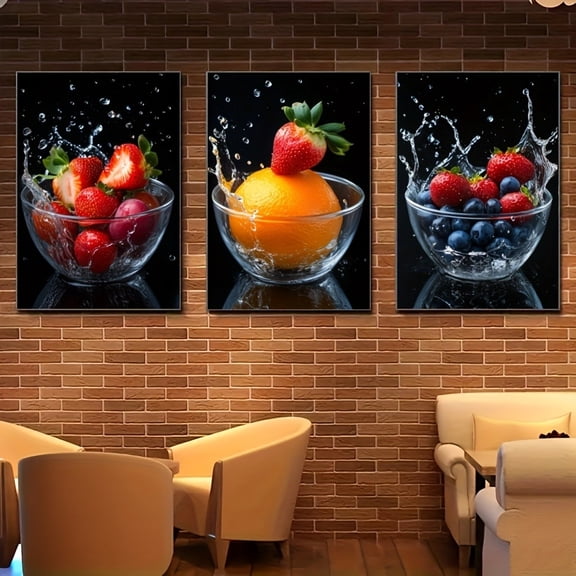 3pcs Framed/Frameless Canvas Wall Art Set - Modern Fruit Paintings: Strawberries, Blueberries, Oranges - HD Giclee Prints, Wrapped Canvas, Black Frame - Vibrant Kitchen, Living Room, Bedroom Decor (