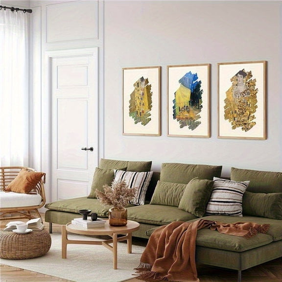 3pcs Framed Gustav Klimt & Van Gogh Art Prints Set - "Cafe Terrace at Night" & "The Kiss" Canvas Wall Decor, Modern Home Office Bedroom Living Room Gallery Wall Art, Bedroom Wall Art | Classic Artwo