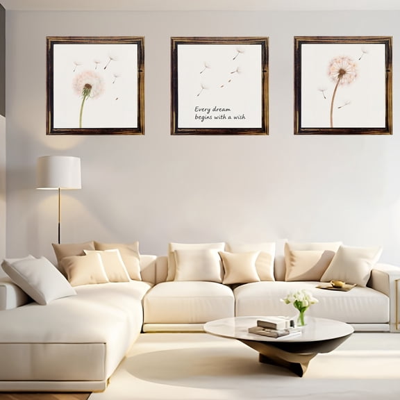 3pcs Framed Printed Painting Room Decoration Trident Flower Wish Citation Mural Set, Modern Art Vintage Style Wrapped Printing, Wooden Frame Cartoon Theme, Portrait Orientation, Inked Art, Suitable fo