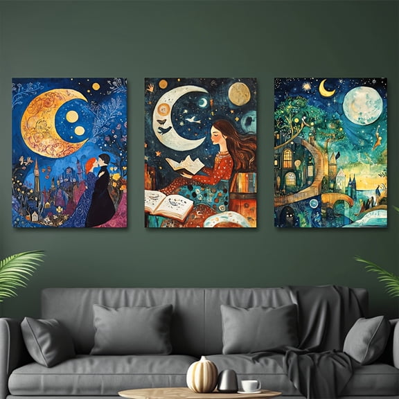 3pcs Frameless 23.62x31.5 Inch Summer Dreamy Style Starry Night Sky Canvas Art Print - Vibrant Moon, Stars & Fantasy Characters, Bohemian Home Decor for Bedroom, Living Room, Kitchen, Office, Cafe,