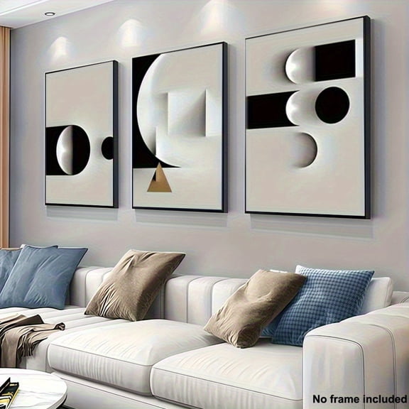 3pcs Frameless Abstract Geometric Black and White Canvas Wall Art Set - Modern Nordic Minimalist Neutral Beige & Black Paintings for Living Room, Bedroom, Office Decor - Ready-to-Hang Contemporary H