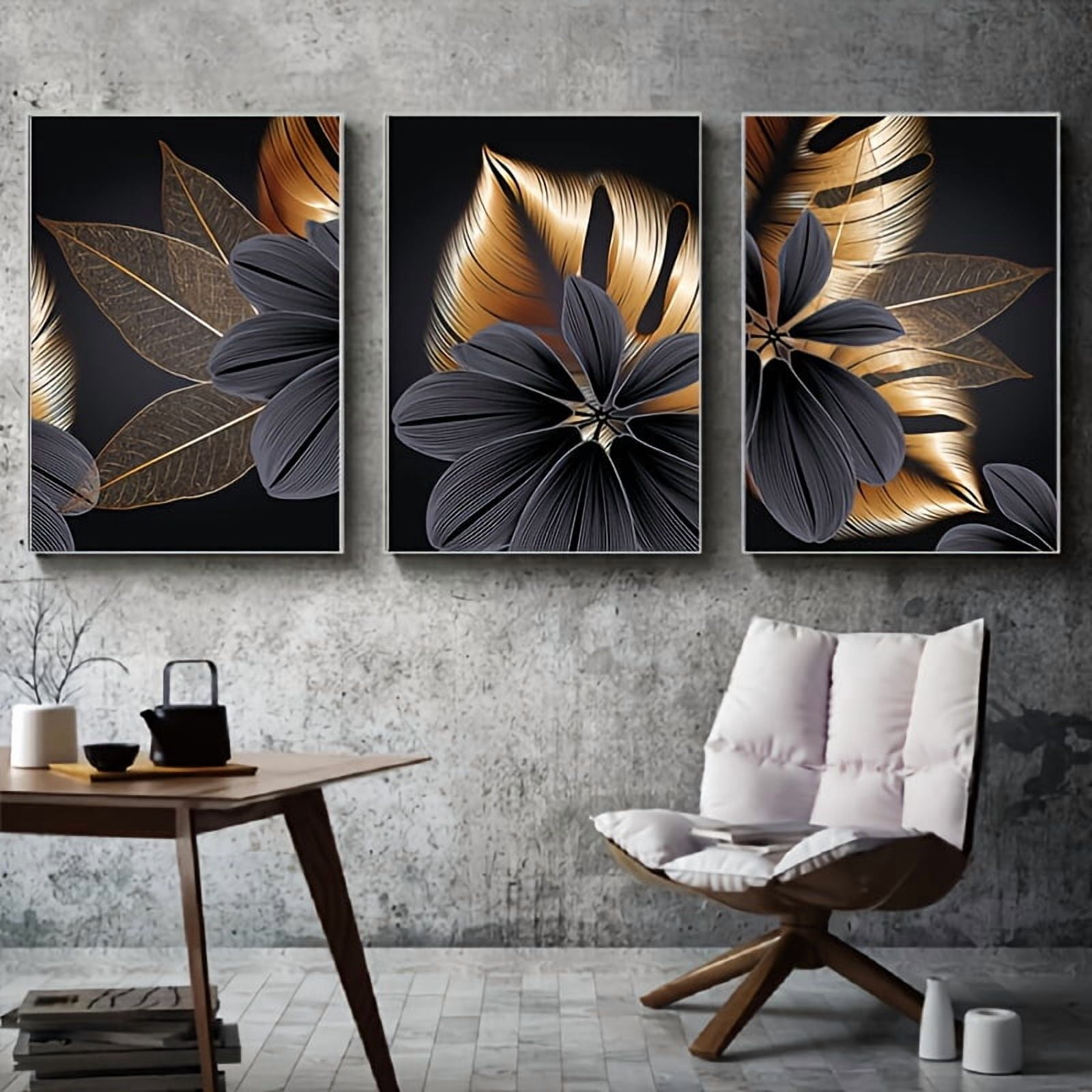 3pcs Frameless Black Golden Plant Leaf Canvas Painting Abstract Wall ...