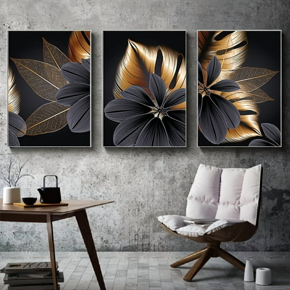 3pcs Frameless Black Golden Plant Leaf Canvas Painting Abstract Wall Art Nordic Living Room Decoration Picture Poster and Print Modern Home Decor No Frame