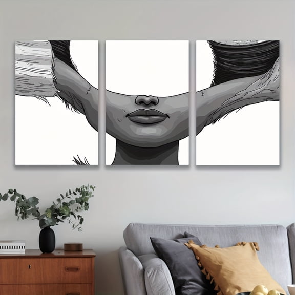 3pcs Frameless Black and White Canvas Art Prints - Modern Wall Decor for Living Room, Office, or Bar - Minimalist Design with Monochromatic Line Drawing of Woman’s Profile - Perfect for Home Decor a