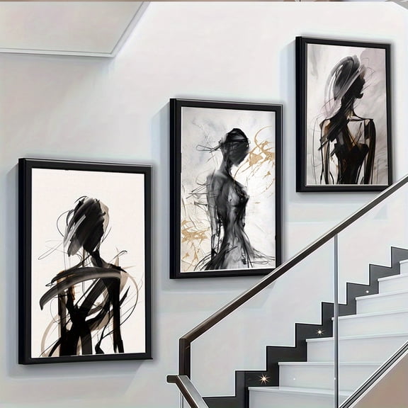 3pcs Frameless Bohemian Female Figure Wall Art Set - Black White Golden Beige Abstract Nude Female Silhouettes, Modern Minimalist Canvas Paintings for Living Room Decor, Large Wall Panels, Female Li
