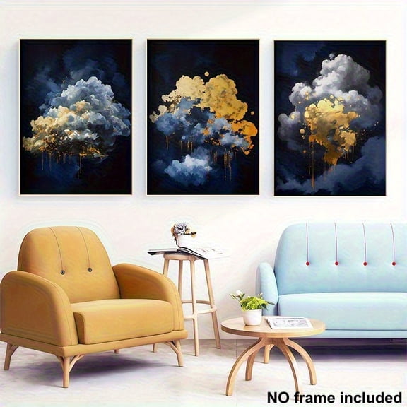 3pcs, Frameless Canvas Art, Blue and Golden Clouds Wall Decor Set, Navy Blue and Golden Watercolor Abstract Print, Modern Hallway Gallery Wall Art, Living Room Decoration, Unframed Wall Decor, 2D Fl