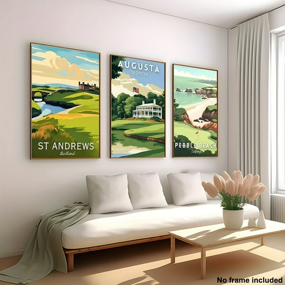 3pcs, Frameless Canvas Art, Set of 3 Living Room Decorative Paintings, Golf Course Prints - Augusta National, Pebble Beach, St. Andrews, Indoor Wall Art for Home Decoration, Perfect for Room Decor