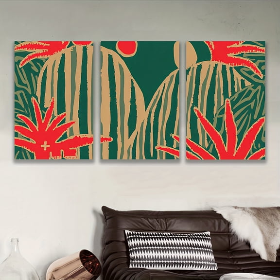 3pcs Frameless Canvas Art - Vibrant Red Cactus & Flower Design, Modern Abstract Wall Decor for Living Room, Office, or Bar, Perfect Gift for Birthdays & Holidays, Indoor Use Only, Office Decoration