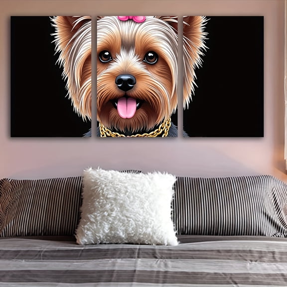 3pcs Frameless Canvas Dog Portrait Art - Adorable Yorkshire Terrier with Golden Chain Collar, Playful Expression, Ideal for Living Room, Office, or Party Decor, Perfect Birthday & Holiday Gift, Livi