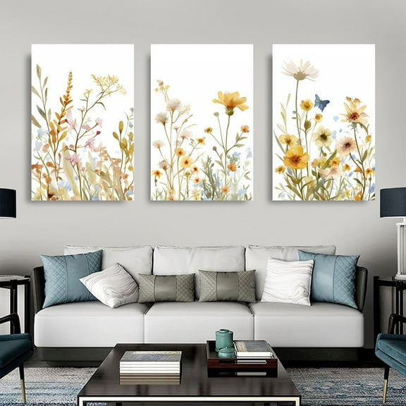3pcs Frameless Canvas Painting Set, Wildflower Bouquet Watercolor Art, Thick Home Decor Wall Art for Bedroom and Living Room, 2D Flat, Perfect for Room Decor