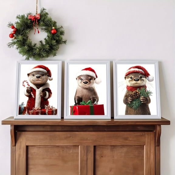3pcs Frameless Canvas Posters - Modern Art Deco Style, Cute Otter with Santa Hat & Pine Cone Candy Cane, Festive Christmas Wall Decor for Living Room, Bedroom, Dining Room - Indoor Ink Art Print, Ch