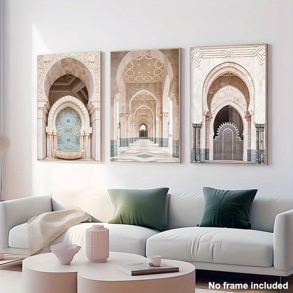 3pcs Frameless Canvas Printed Paintings, Home Decor Paintings, Islamic Architecture Style Geometric Pattern Canvas Decor Paintings, High-Quality Canvas Material, for Living Room, Bedroom or Home Int