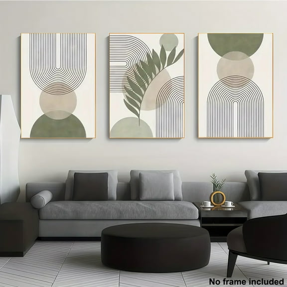 3pcs Frameless Canvas Prints, Bohemian Sage Green Geometric Wall Art Set of 3, Medieval Modern Art Abstract Plant Decor, Minimalist Boho Green Wall Decor for Living Room Bedroom Office, No Frame Inc