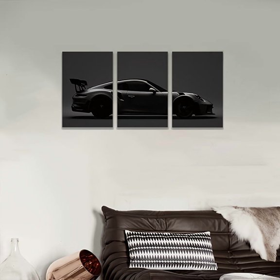 3pcs Frameless Canvas Wall Art - Black Sports Car in Dark Monochromatic Triptych, High-Quality Spray Paint Vertical Wall Decor for Living Room, Office, Bar - Modern Automotive Art Gift for Birthday,