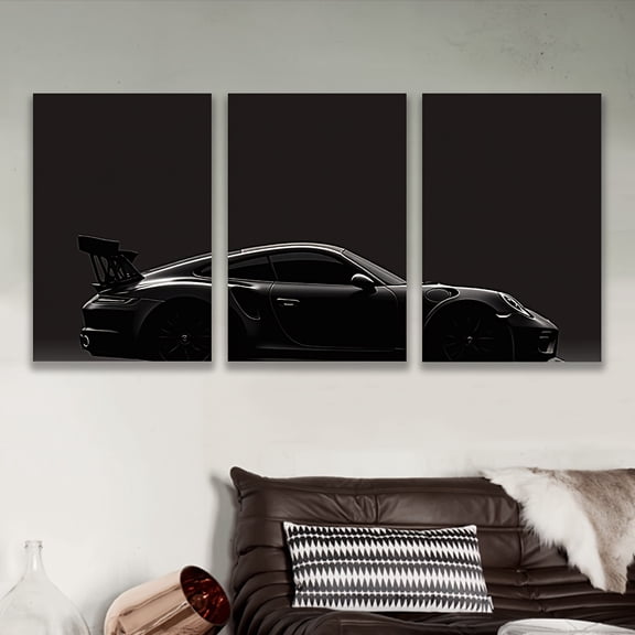 3pcs Frameless Canvas Wall Art - Black Sports Car in Dark, Spray-Painted Vertical Triptych, Modern Art Deco Home Decor for Living Room, Office, Bar - Perfect Birthday, Holiday, Party Gift, Bar Decor