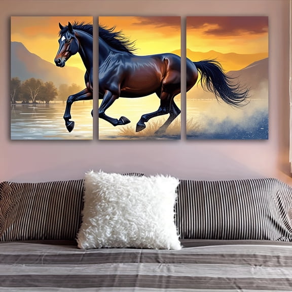 3pcs Frameless Canvas Wall Art - Galloping Black Horse Sunset Landscape, Vertical Spray-Painted Art Decor for Living Room, Bedroom, Office - Vibrant Home Decor & Holiday/Birthday Gift, Room Accent P