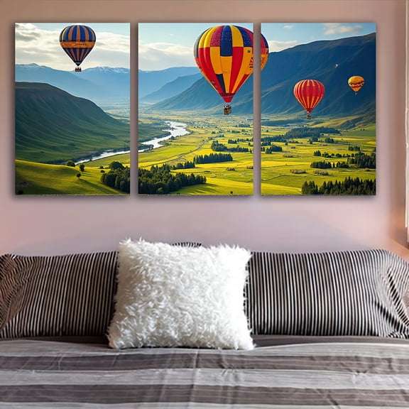 3pcs Frameless Canvas Wall Art - Hot Air Balloon Flight Landscape Triptych, Vibrant Spray-Painted Vertical Wall Decor for Living Room, Bedroom, Office, Party & Holiday Gifts, Hot Air Balloon Decor