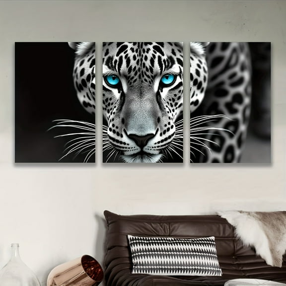 3pcs Frameless Canvas Wall Art - Leopard Portrait with Blue Eyes, Black & White Animal Print, Vertical Modern Art Deco Paintings for Living Room, Office, Bar Decor - Unique Birthday & Holiday Gift I