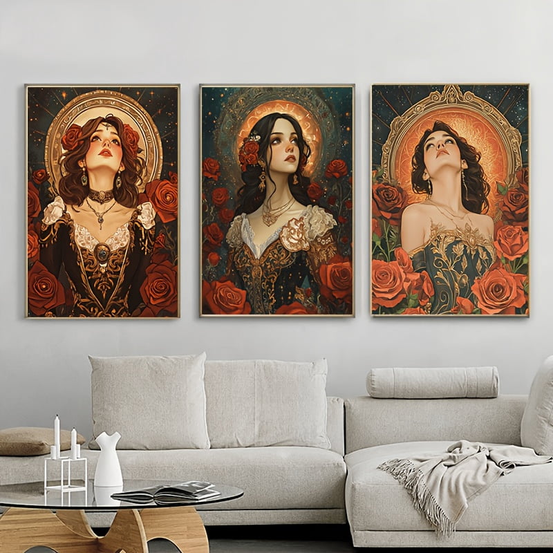 3pcs Frameless Canvas Wall Art Print, Elegant Girl in Floral Dress with ...