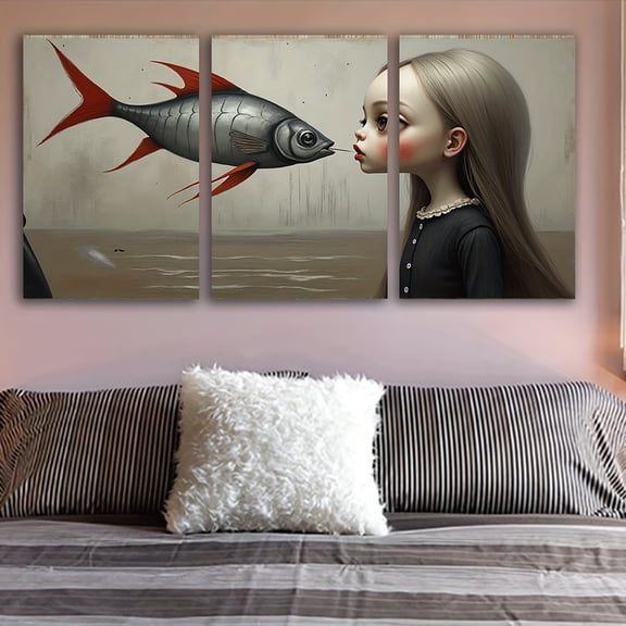 3pcs Frameless Canvas Wall Art - Surreal Girl Kissing Fish Painting, Spray-Painted Vertical Art Deco Decor for Living Room, Bedroom, Office & Gifts (Indoor Use)