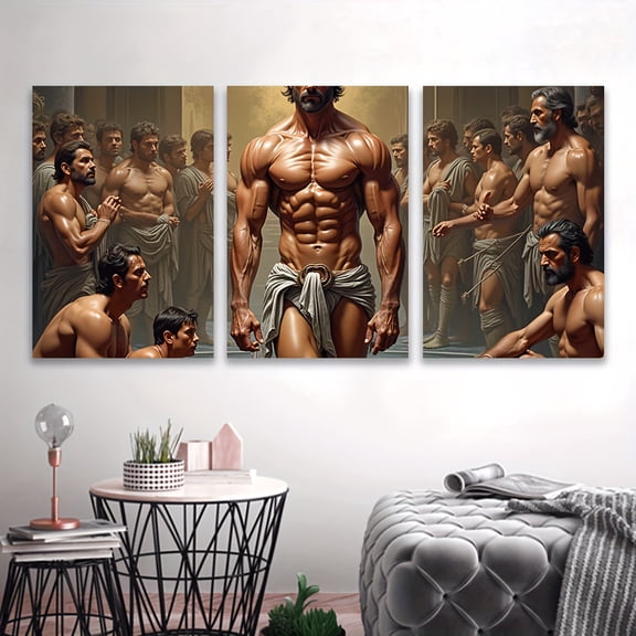 3pcs Frameless Canvas Wall Art - "The for Man Stood Inside" Dynamic Muscle Artwork, Vertical Abstract Body Painting for Living Room, Bedroom, Office Decor - Modern Home Decor Gift for Birthdays, Hol