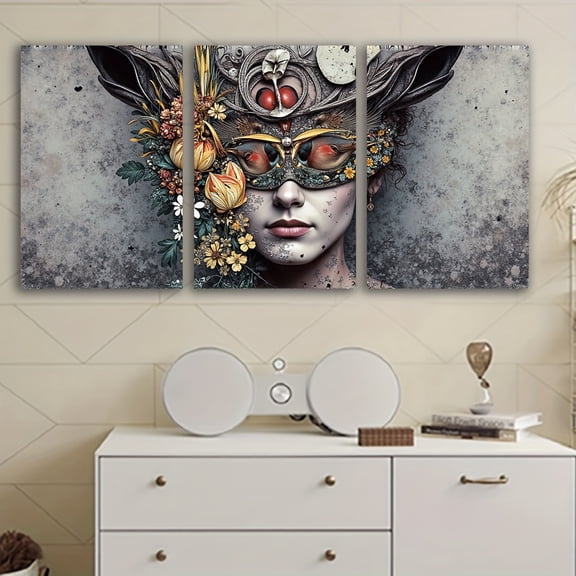3pcs Frameless Canvas Wall Art - "The Woman with the Flower Crown" Spray-Painted Vertical Art Deco Decor, Vibrant Floral Portrait for Living Room, Bedroom, Office & Gifts, Large Canvas Wall Art