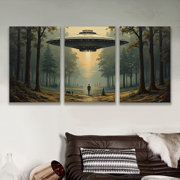3pcs Frameless Canvas Wall Art - UFOs Flying Over Forest Triptych, Spray-Painted Vertical Art Deco Decor for Living Room, Bedroom, Office - Unique Sci-Fi Home Decor & Holiday/Birthday Gift