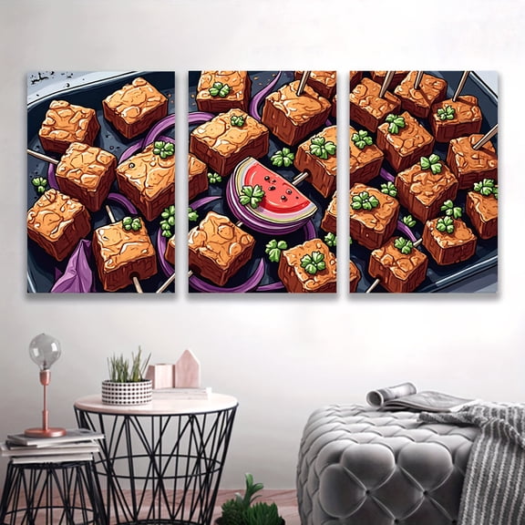 3pcs Frameless Canvas Wall Art - Vibrant Meat Kebabs with Fresh Herbs & Vegetables, Spray-Painted Kitchen & Dining Room Decor, Modern Artistic Home Decor for Living Room, Office, Party Gifts, Food D