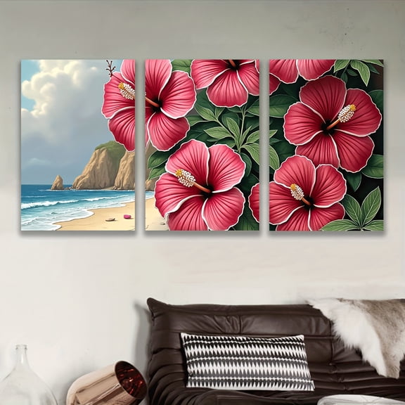 3pcs Frameless Canvas Wall Art - Vibrant Pink Hibiscus Flowers Tropical Beach Landscape, Vertical Spray-Painted Art Decor for Living Room, Office, Kitchen, Bar - Indoor Home Decor & Birthday/Holiday