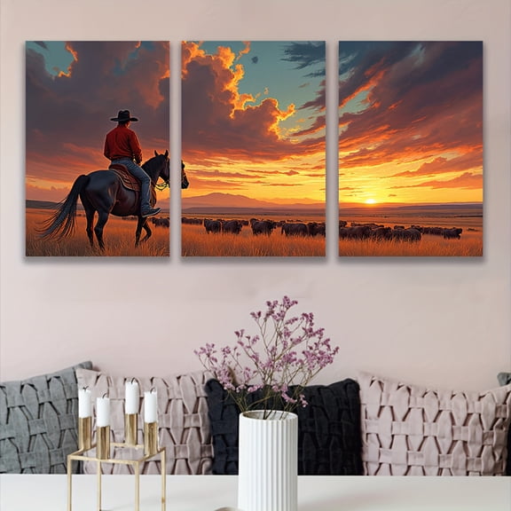 3pcs Frameless Canvas Wall Art - Western Cowboy Sunset Landscape Triptych, Vibrant Spray-Painted Artwork for Living Room, Bedroom, Office Decor - Unique Birthday & Holiday Gift Idea, Room Accent Pie