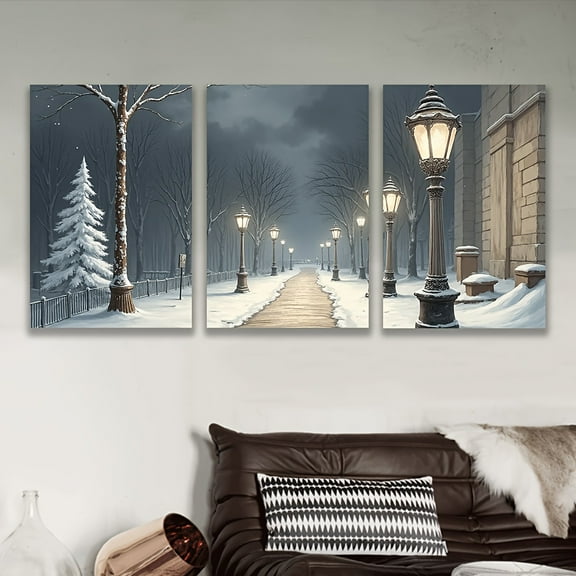 3pcs Frameless Canvas Winter Street Scene - Snowy Path with Warm Streetlights, Ideal for Living Room, Office, or Holiday Decor, Holiday Wall Art | Cozy Atmosphere Decor | Frameless Canvas Art, Winte
