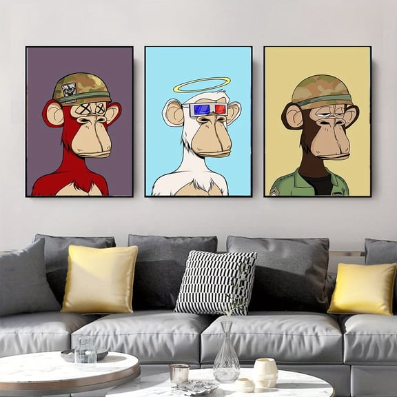 3pcs Frameless Cartoon Monkey Bored Ape Dopamine Trendy Art Decoration Painting Trendy Brand Clothing Store Bedroom Wall Murals Internet Celebrity Wall Painting Milk Tea Shop Bar Hanging Painting Tr