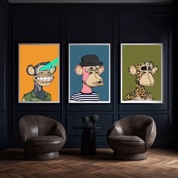 3pcs Frameless Cartoon Monkey Bored Ape Dopamine Trendy Art Decoration Painting Trendy Brand Clothing Store Bedroom Wall Murals Internet Celebrity Wall Painting Milk Tea Shop Bar Hanging Painting Tr