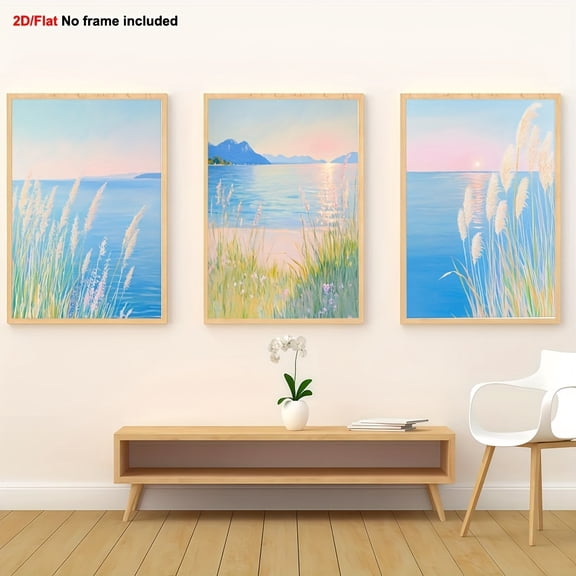 3pcs Frameless Coastal Watercolor Wall Art Set - Soft Pastel Pink, Blue, Green & Golden Beach Paintings, Minimalist Modern Abstract Ocean Decor for Living Room, Calming Pastel Hues in Soft Blue, Pin