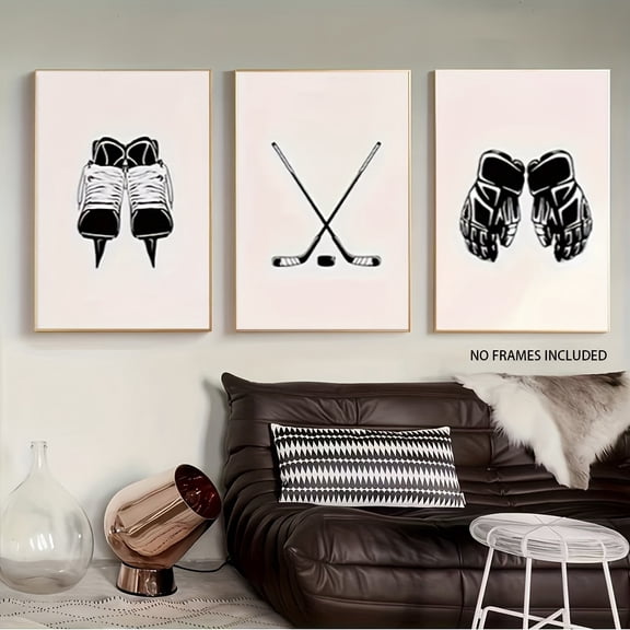 3pcs Frameless Creative Ice Hockey and Gloves Canvas Print Energy-Filled Sports Black and White Wall Art Poster, Perfect Gift for Modern Living Room, Bedroom, Dorm, and Home Decor Enthusiasts, Ideal