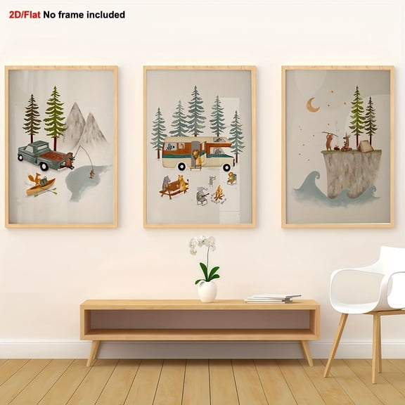 3pcs Frameless Decorative Art, 2D Flat Canvas Print, Woodland Adventure Triptych Set for Camping Themed Room and Nursery Wall Décor with Whimsical Forest Illustrations of RV Exploration – Perfect Ho