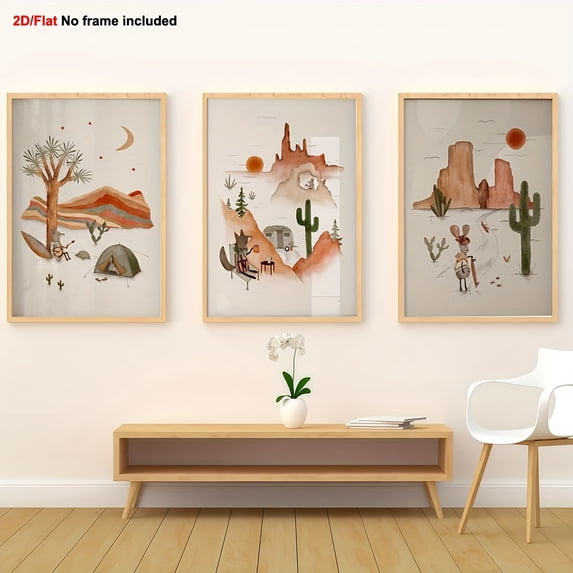3pcs Frameless Decorative Art Set, 2D Flat Canvas Prints, Desert Children's Room Wall Décor, Bohemian Animal Pattern Kids Adventure Mural for Home Bedroom Living Rooms, 2D Flat, Perfect for Room Dec