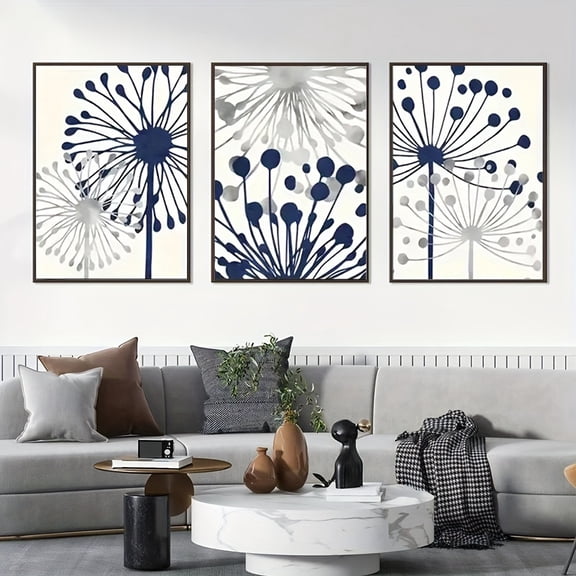 3pcs Frameless Decorative Paintings, 2D Flat Canvas Art, Set of 3 Navy Blue and Gray Abstract Floral Modern Wall Décor for Living Room & Bedroom, Thickened Home Accents, Perfect Space Enhancement –