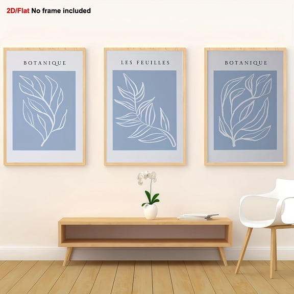 3pcs Frameless French Matisse-Inspired Botanical Leaf Wall Art Set - Large Minimalist Blue & White Line Drawings, Soft Blue Canvas Prints for Modern Scandinavian Bohemian Decor, French Text Labels (